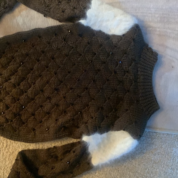 Brown sweater with beads all over. Furry at shoulders. - Picture 3 of 3